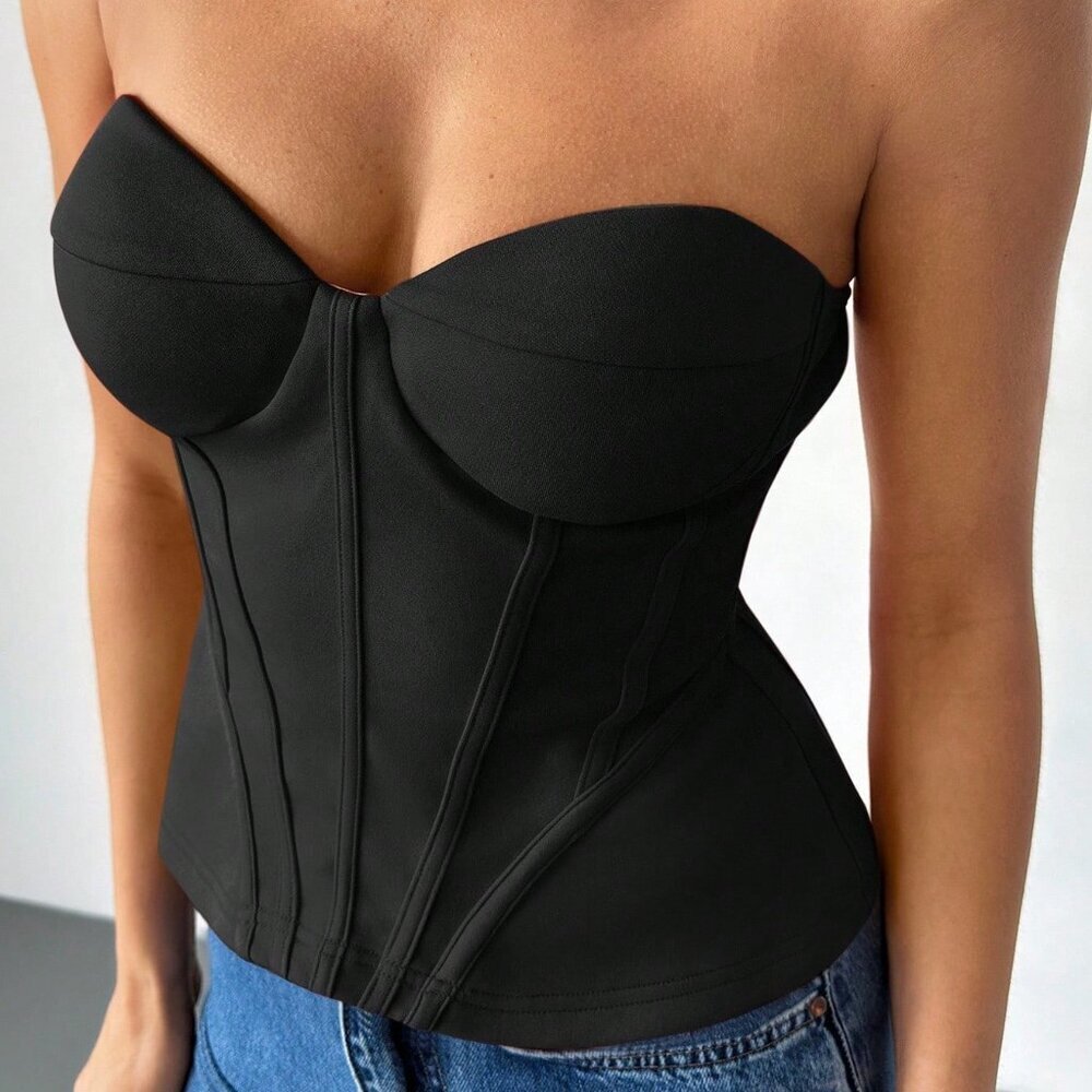 Black Casual Women's Elegant Bra Cup Detail Fish Bone Lined Bandeau Top Tube Top
